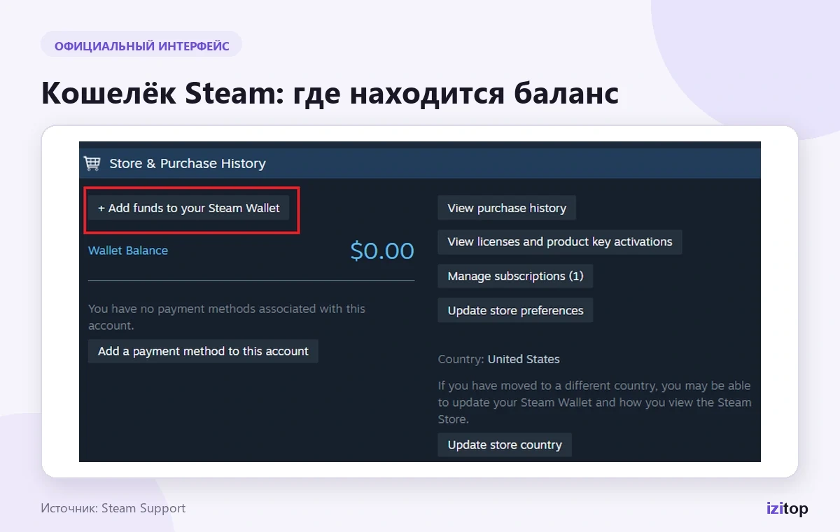 Официальный экран баланса кошелька Steam