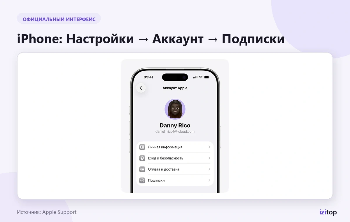 Официальный экран Apple с переходом в раздел Подписки на iPhone