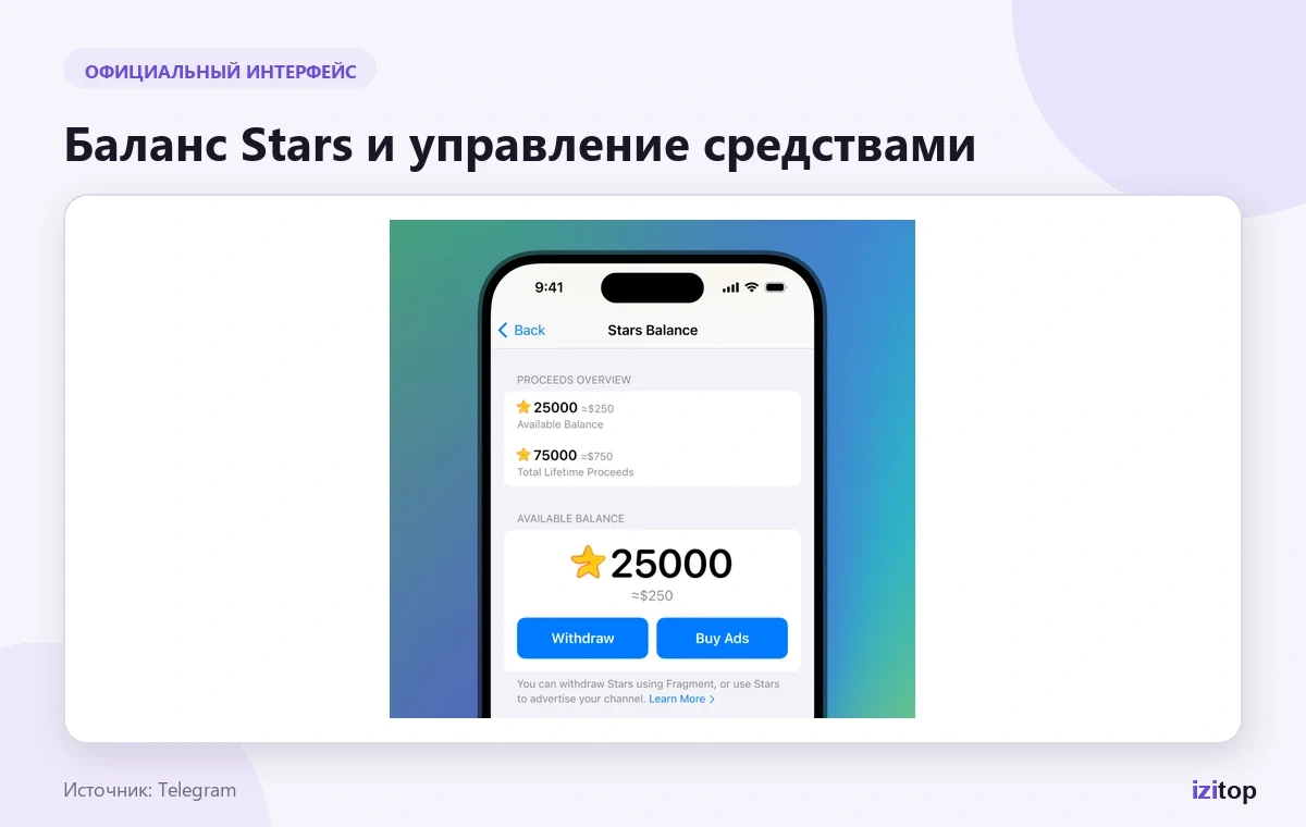 Официальный экран баланса Telegram Stars
